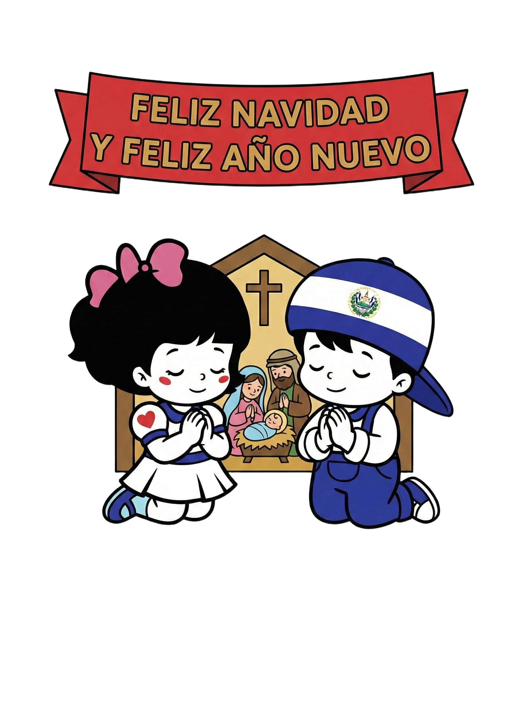 Jorge y Delia rezando en el pesebre navideño con un cartel de Feliz Navidad
