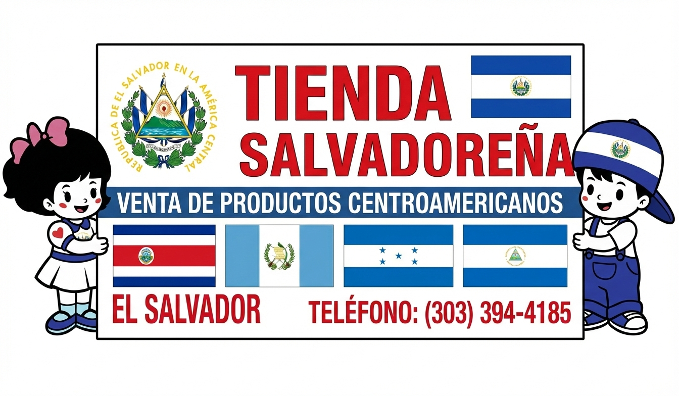 Jorge y Delia sosteniendo el cartel de Tienda Salvadoreña con banderas de Centroamérica