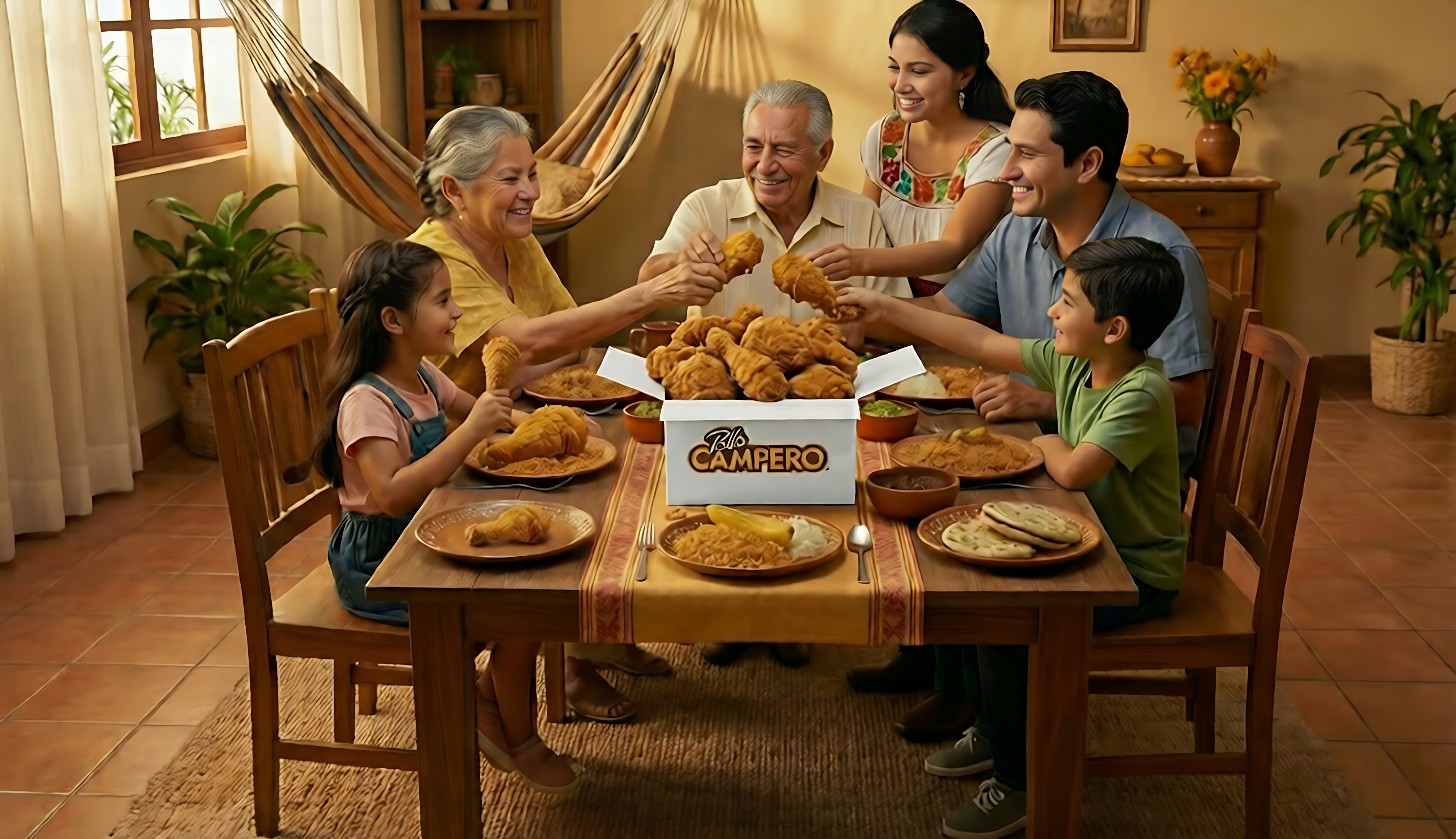 Jorge y Delia comiendo Pollo Campero en familia