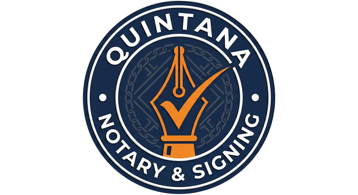 Logotipo de Quintana Notary & Signing: sello azul marino con una pluma anaranjada